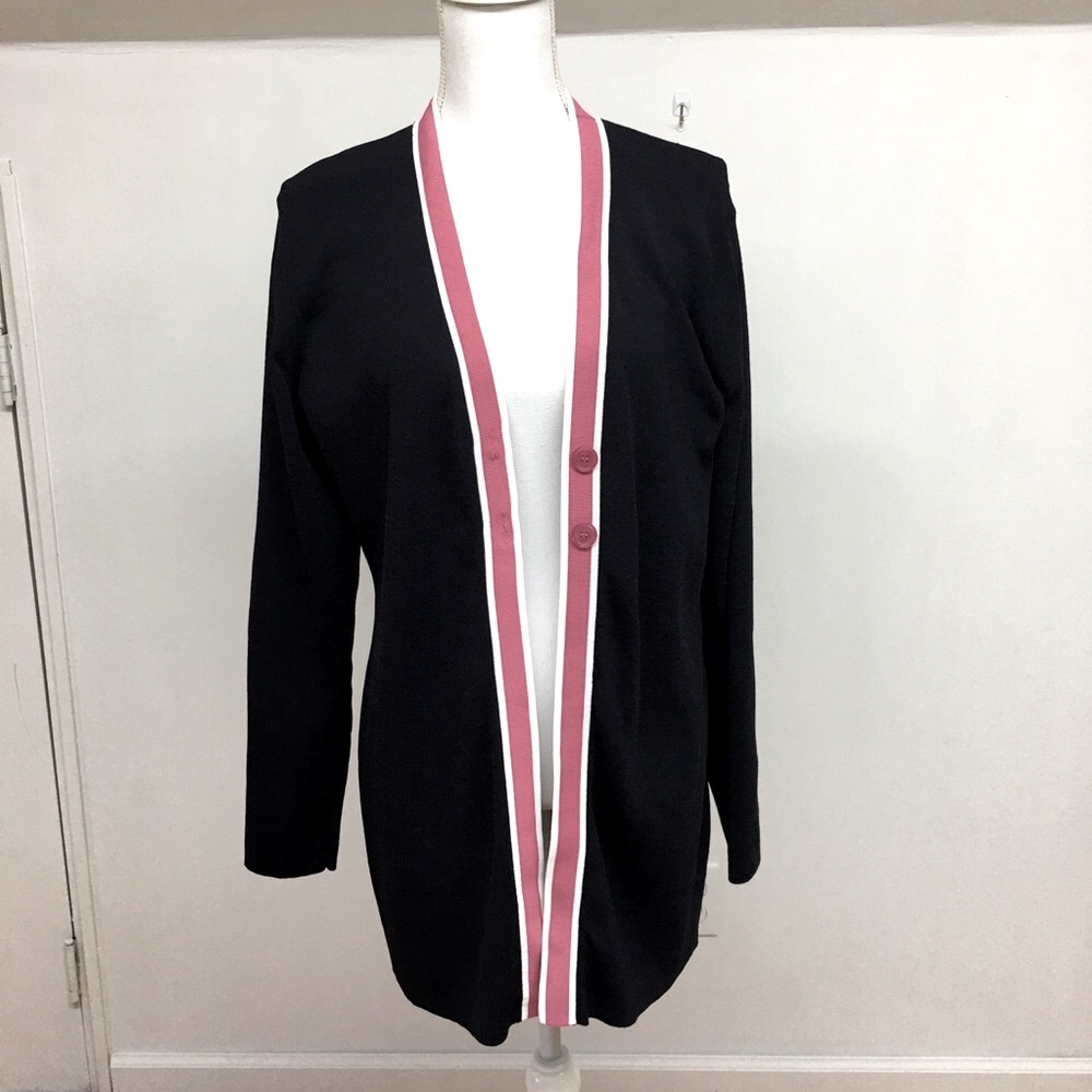 Blue-Black Cardigan with Pink Trim